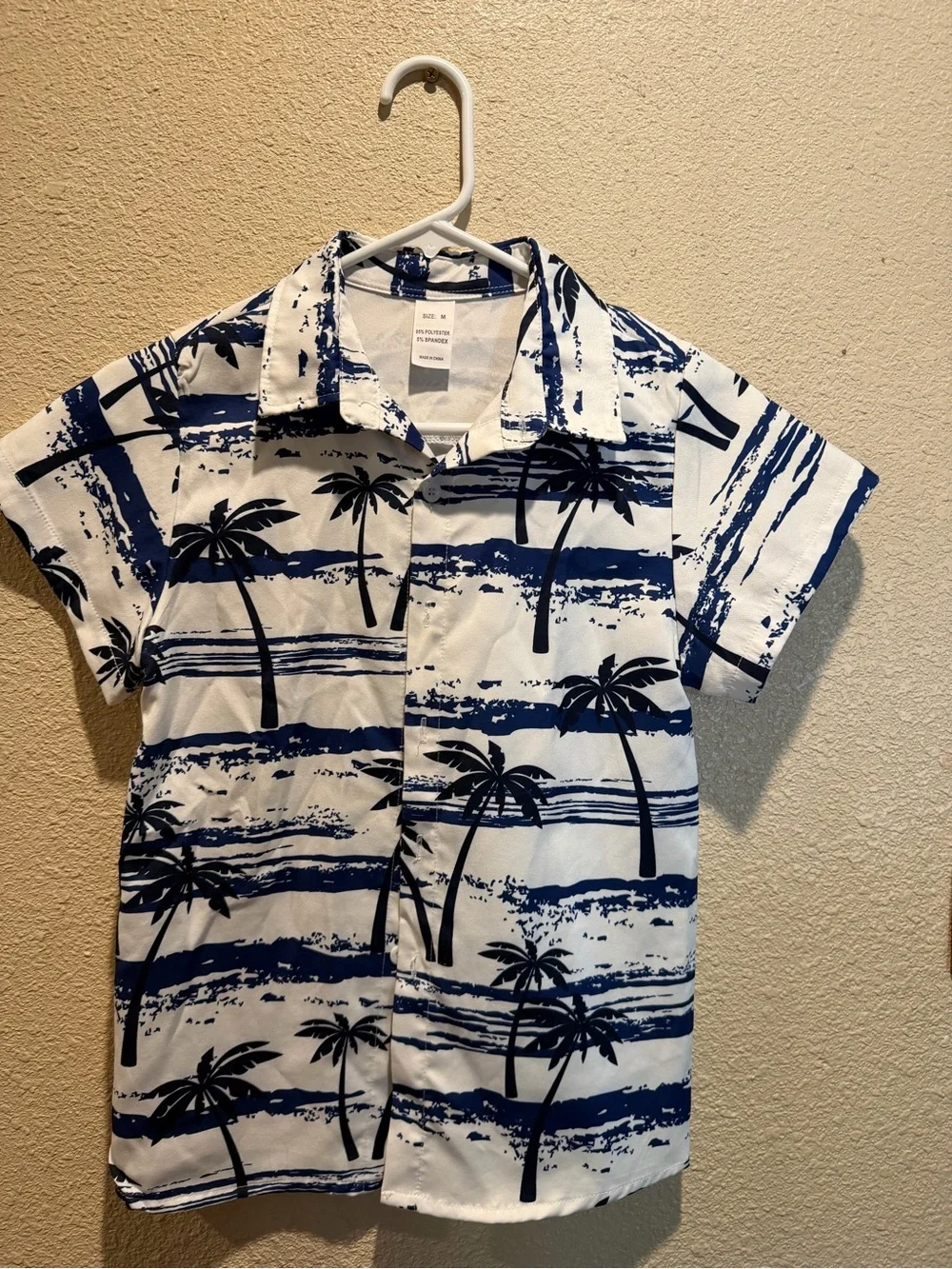 Youth Boys Medium White & Navy Palm Print Short Sleeve Shirt